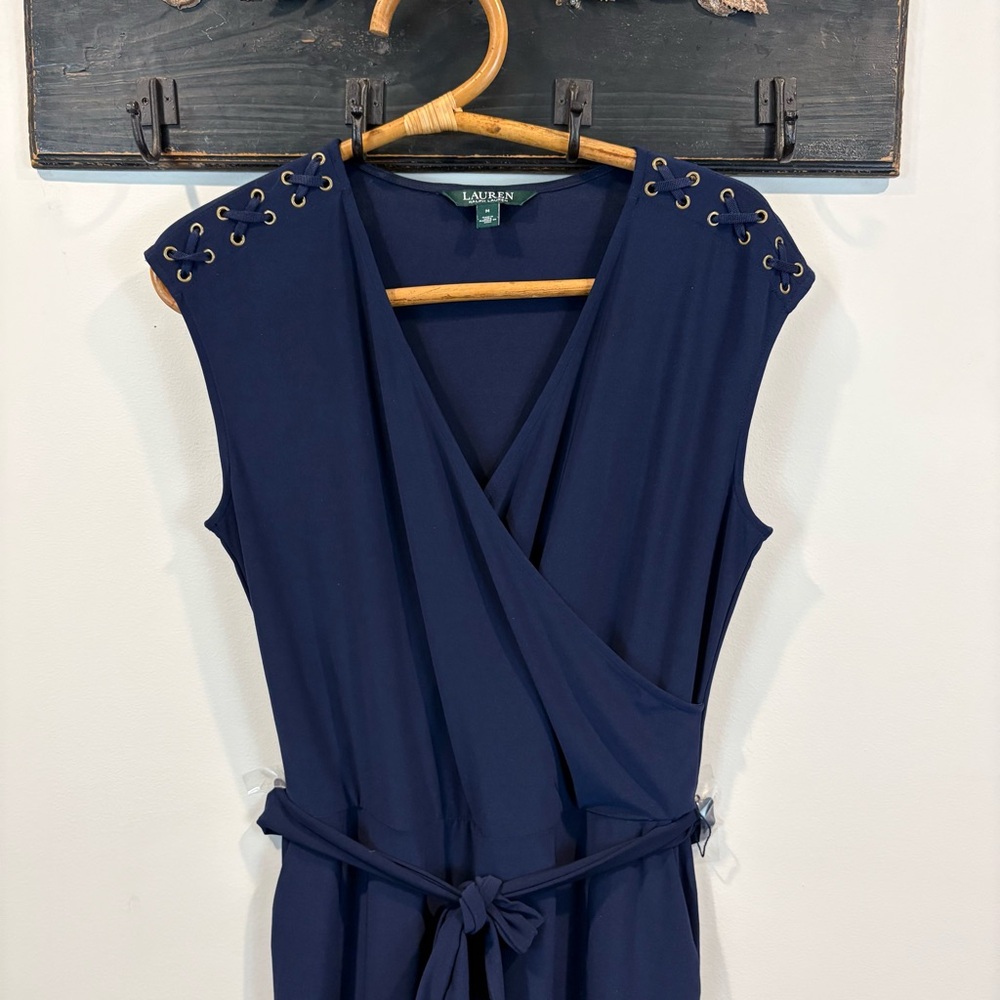 Ralph Lauren Navy Stretch Knit Wide Capri Jumpsuit Grommet Shoulder Size M